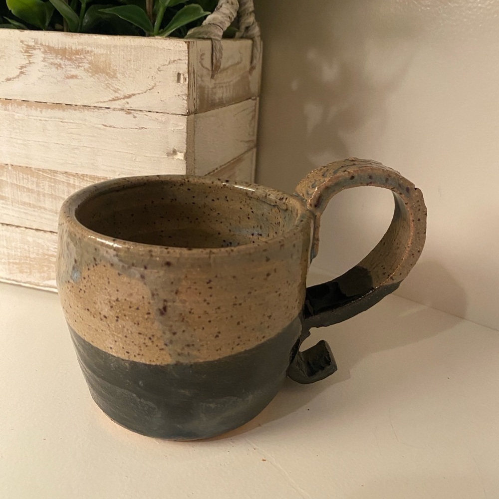 Hand Thrown Pottery Coffee Mug with Decorated Handle Rustic Farmhouse Tan/Brown